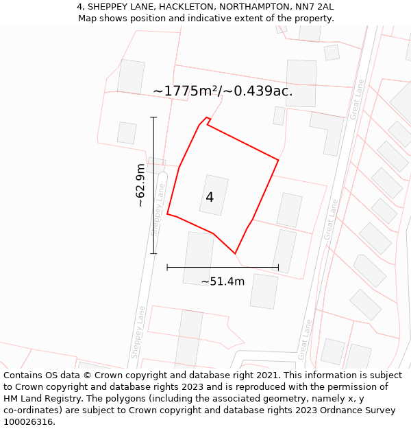 4, SHEPPEY LANE, HACKLETON, NORTHAMPTON, NN7 2AL: Plot and title map