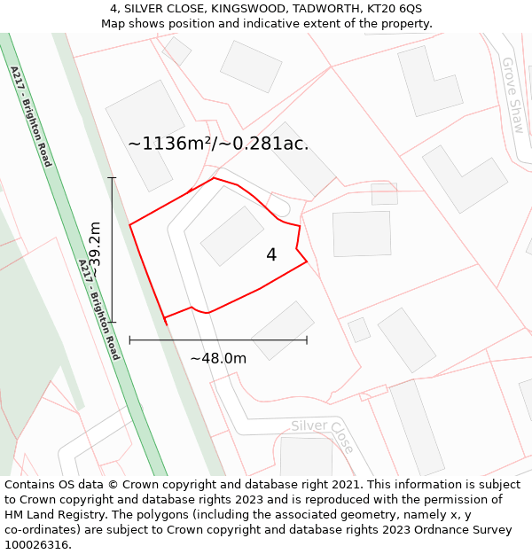 4, SILVER CLOSE, KINGSWOOD, TADWORTH, KT20 6QS: Plot and title map