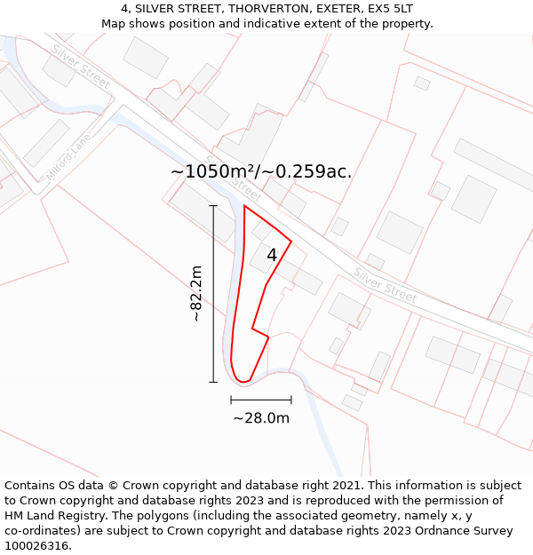 4, SILVER STREET, THORVERTON, EXETER, EX5 5LT: Plot and title map