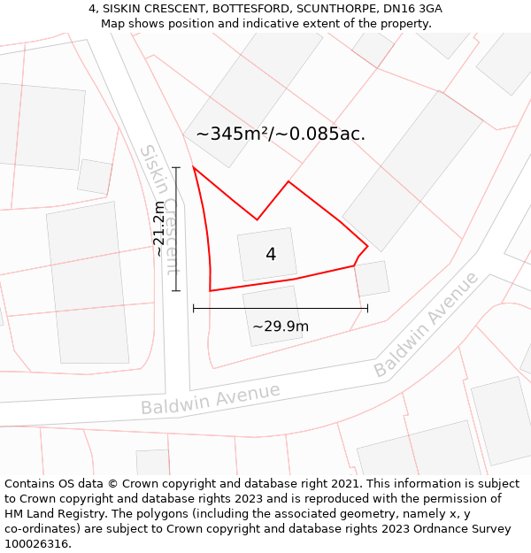 4, SISKIN CRESCENT, BOTTESFORD, SCUNTHORPE, DN16 3GA: Plot and title map