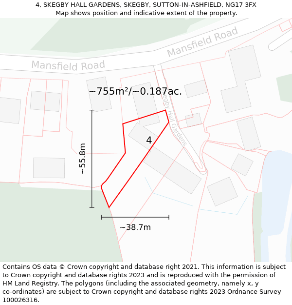 4, SKEGBY HALL GARDENS, SKEGBY, SUTTON-IN-ASHFIELD, NG17 3FX: Plot and title map