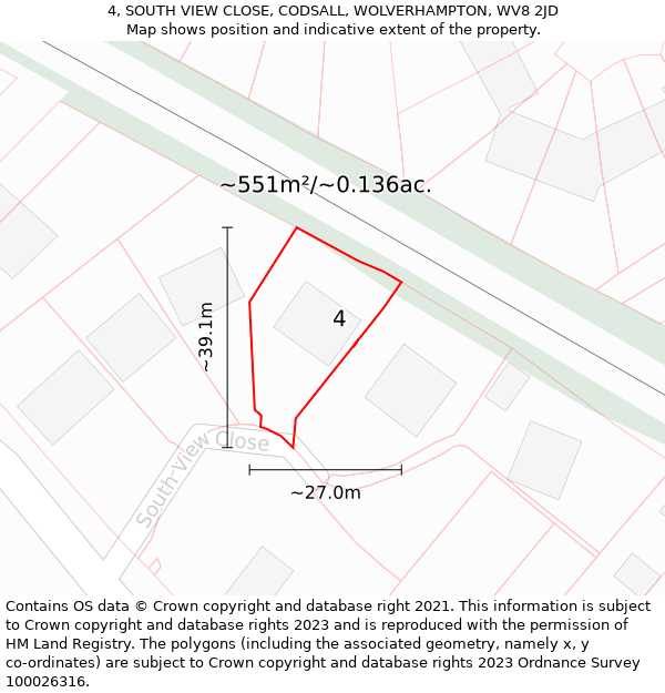4, SOUTH VIEW CLOSE, CODSALL, WOLVERHAMPTON, WV8 2JD: Plot and title map