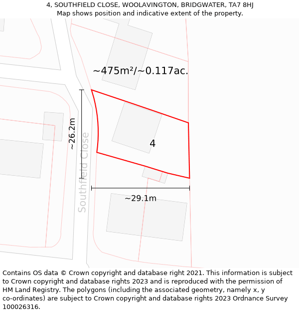 4, SOUTHFIELD CLOSE, WOOLAVINGTON, BRIDGWATER, TA7 8HJ: Plot and title map