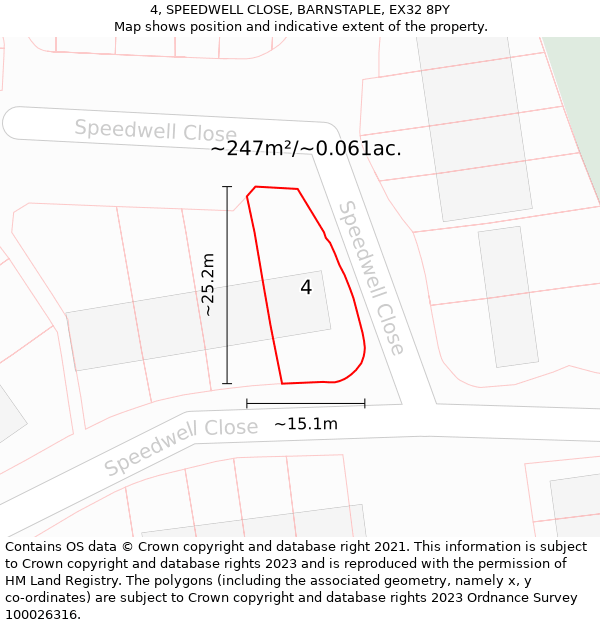 4, SPEEDWELL CLOSE, BARNSTAPLE, EX32 8PY: Plot and title map