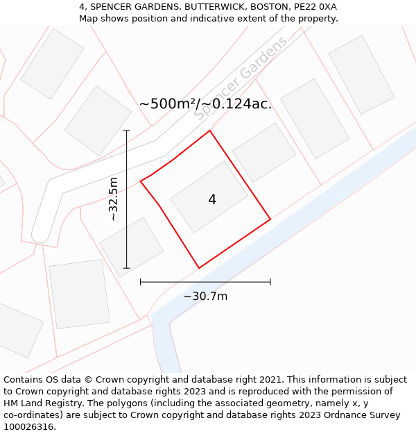 4, SPENCER GARDENS, BUTTERWICK, BOSTON, PE22 0XA: Plot and title map