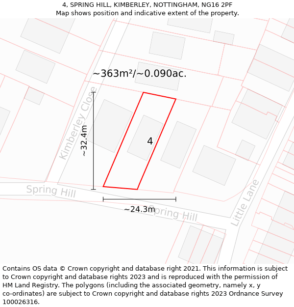 4, SPRING HILL, KIMBERLEY, NOTTINGHAM, NG16 2PF: Plot and title map