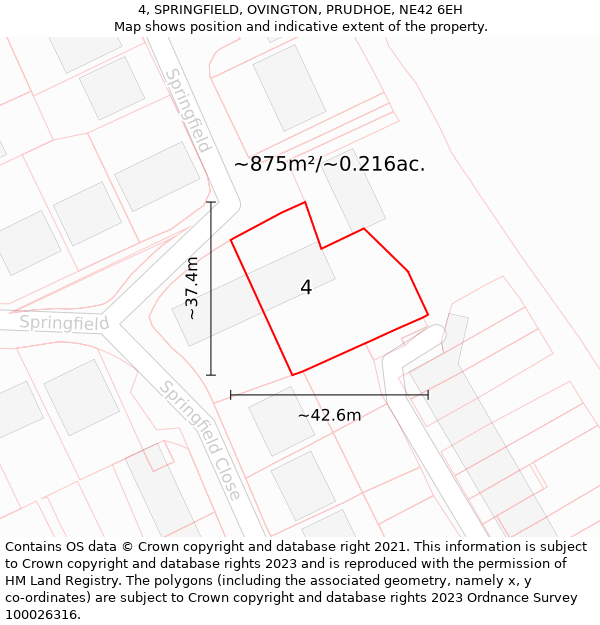 4, SPRINGFIELD, OVINGTON, PRUDHOE, NE42 6EH: Plot and title map