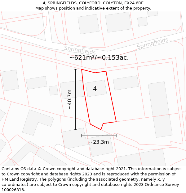 4, SPRINGFIELDS, COLYFORD, COLYTON, EX24 6RE: Plot and title map