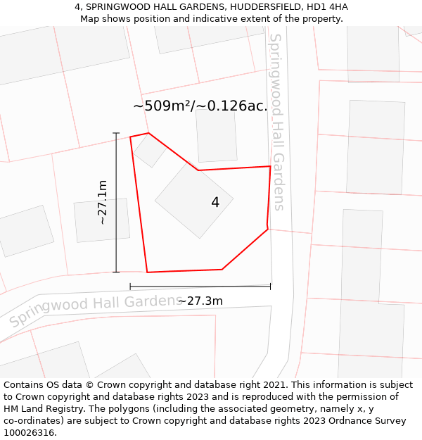 4, SPRINGWOOD HALL GARDENS, HUDDERSFIELD, HD1 4HA: Plot and title map