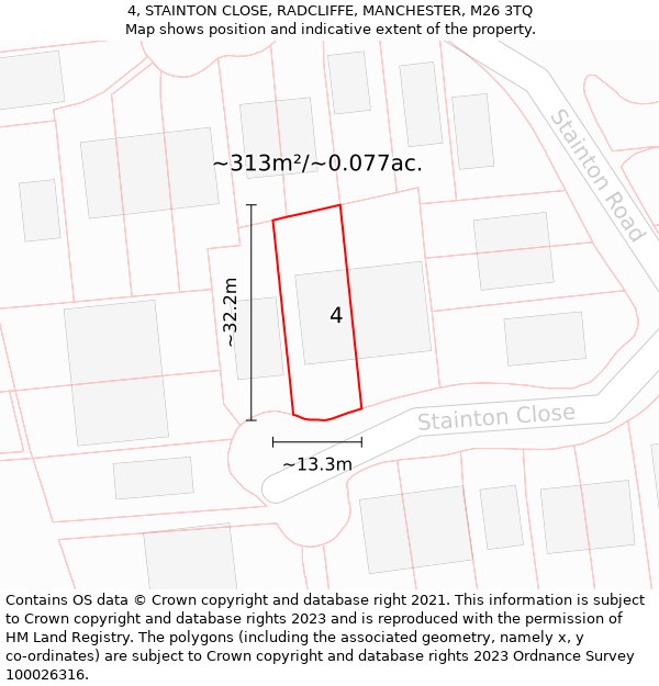 4, STAINTON CLOSE, RADCLIFFE, MANCHESTER, M26 3TQ: Plot and title map