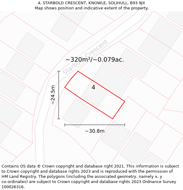 4, STARBOLD CRESCENT, KNOWLE, SOLIHULL, B93 9JX: Plot and title map