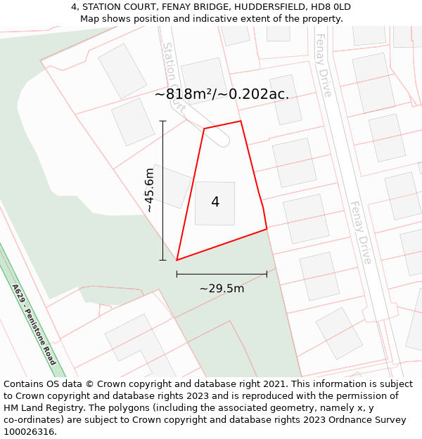 4, STATION COURT, FENAY BRIDGE, HUDDERSFIELD, HD8 0LD: Plot and title map