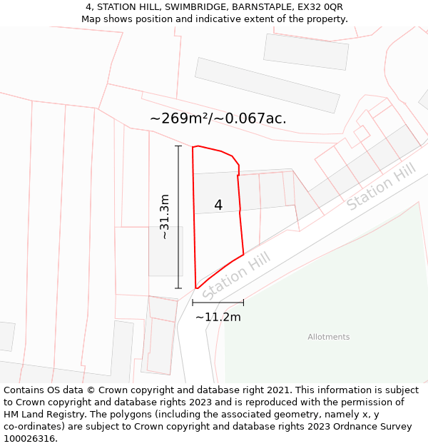 4, STATION HILL, SWIMBRIDGE, BARNSTAPLE, EX32 0QR: Plot and title map