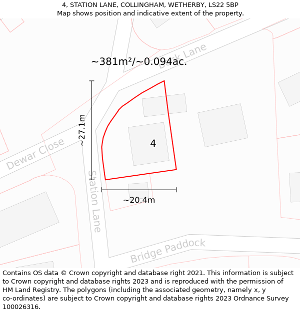 4, STATION LANE, COLLINGHAM, WETHERBY, LS22 5BP: Plot and title map