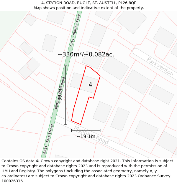 4, STATION ROAD, BUGLE, ST. AUSTELL, PL26 8QF: Plot and title map