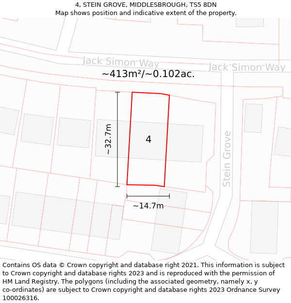 4, STEIN GROVE, MIDDLESBROUGH, TS5 8DN: Plot and title map