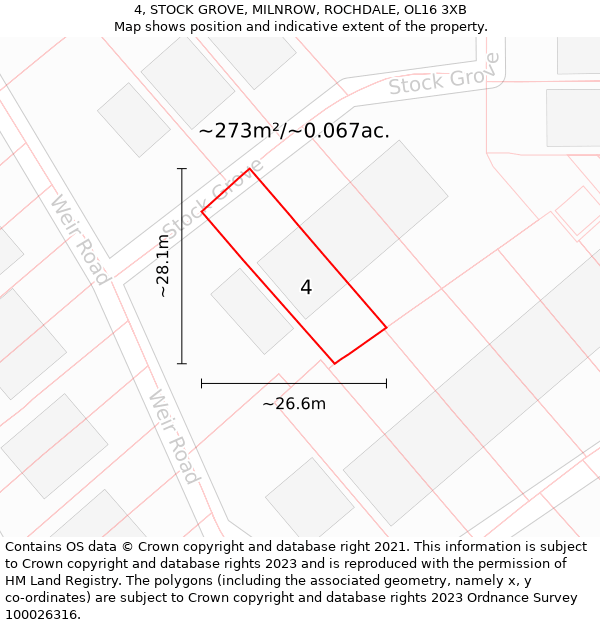 4, STOCK GROVE, MILNROW, ROCHDALE, OL16 3XB: Plot and title map