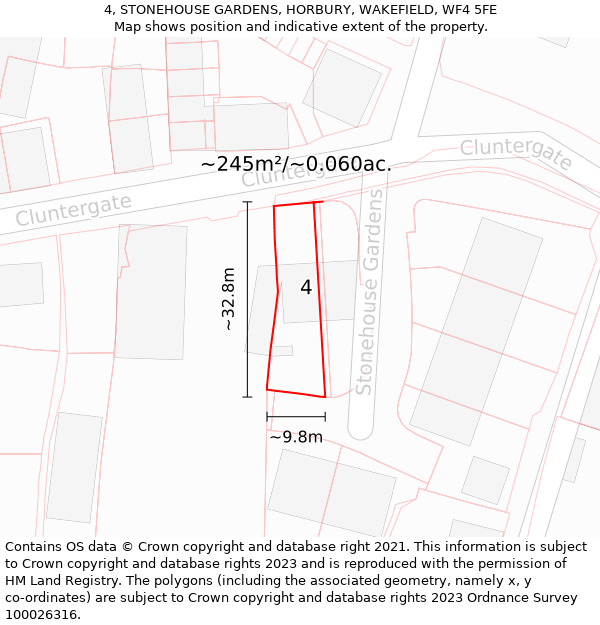 4, STONEHOUSE GARDENS, HORBURY, WAKEFIELD, WF4 5FE: Plot and title map