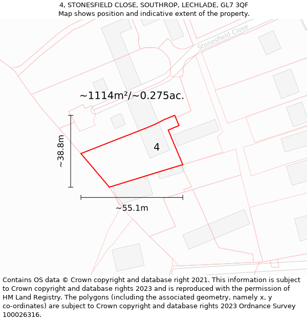 4, STONESFIELD CLOSE, SOUTHROP, LECHLADE, GL7 3QF: Plot and title map