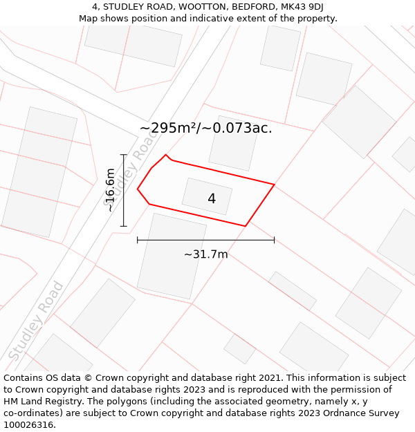 4, STUDLEY ROAD, WOOTTON, BEDFORD, MK43 9DJ: Plot and title map