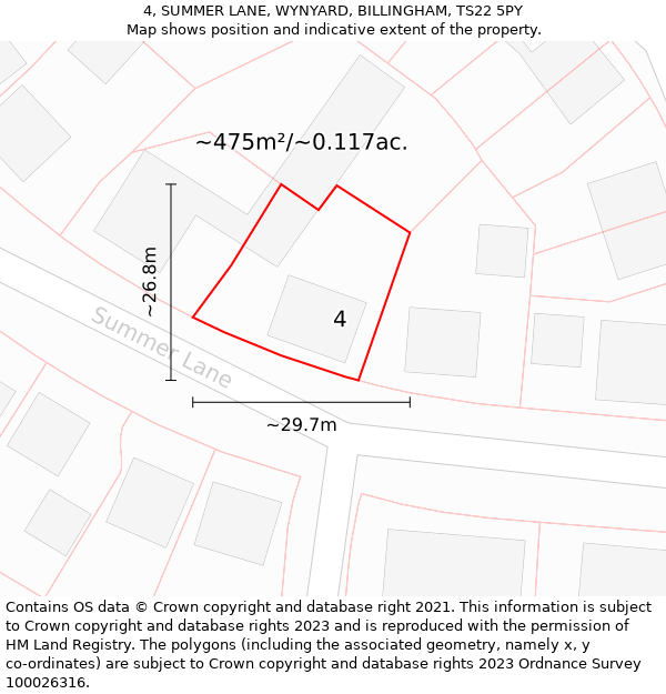 4, SUMMER LANE, WYNYARD, BILLINGHAM, TS22 5PY: Plot and title map