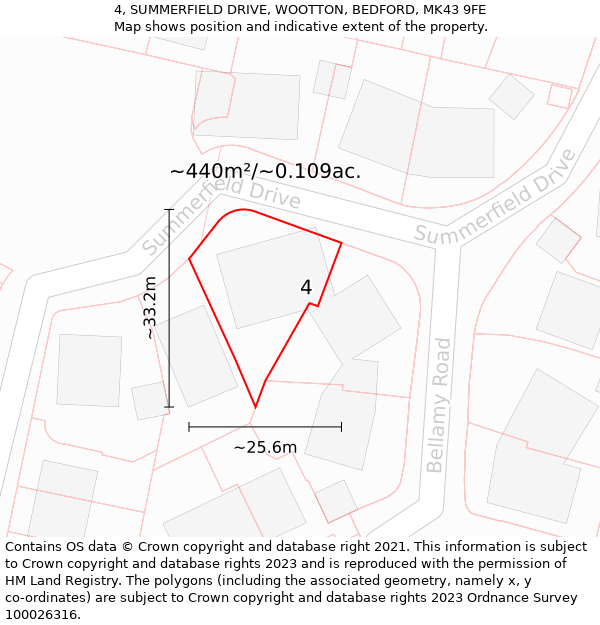 4, SUMMERFIELD DRIVE, WOOTTON, BEDFORD, MK43 9FE: Plot and title map