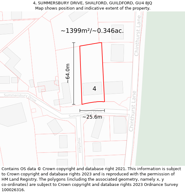 4, SUMMERSBURY DRIVE, SHALFORD, GUILDFORD, GU4 8JQ: Plot and title map