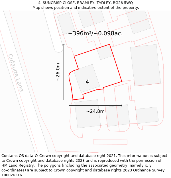 4, SUNCRISP CLOSE, BRAMLEY, TADLEY, RG26 5WQ: Plot and title map