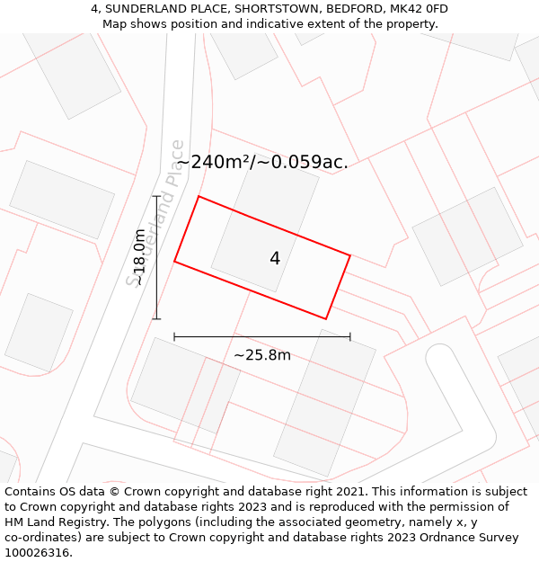 4, SUNDERLAND PLACE, SHORTSTOWN, BEDFORD, MK42 0FD: Plot and title map