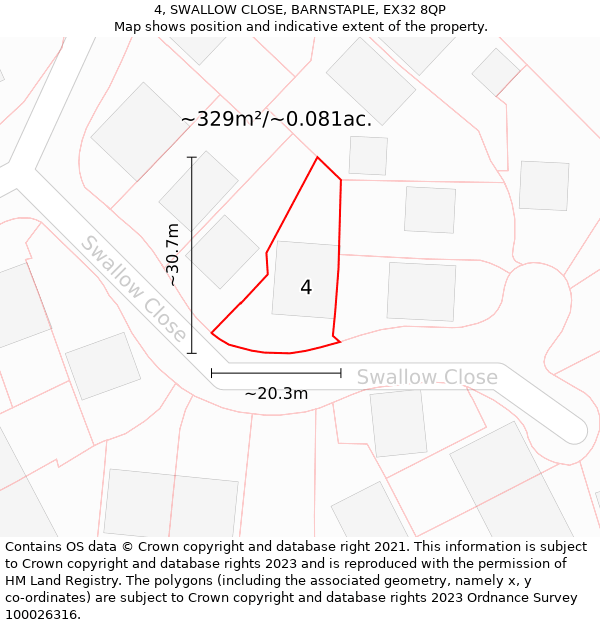 4, SWALLOW CLOSE, BARNSTAPLE, EX32 8QP: Plot and title map