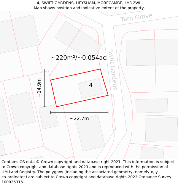 4, SWIFT GARDENS, HEYSHAM, MORECAMBE, LA3 2WL: Plot and title map