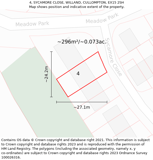 4, SYCAMORE CLOSE, WILLAND, CULLOMPTON, EX15 2SH: Plot and title map