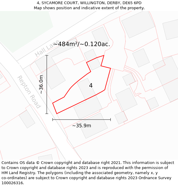 4, SYCAMORE COURT, WILLINGTON, DERBY, DE65 6PD: Plot and title map