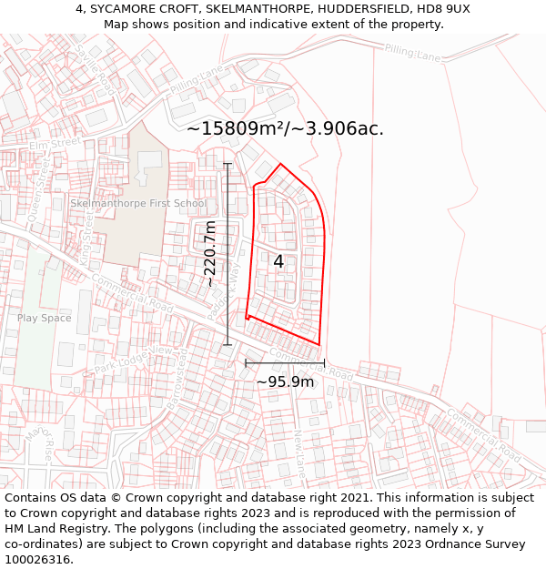 4, SYCAMORE CROFT, SKELMANTHORPE, HUDDERSFIELD, HD8 9UX: Plot and title map