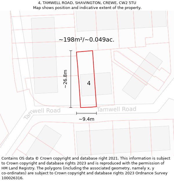 4, TAMWELL ROAD, SHAVINGTON, CREWE, CW2 5TU: Plot and title map