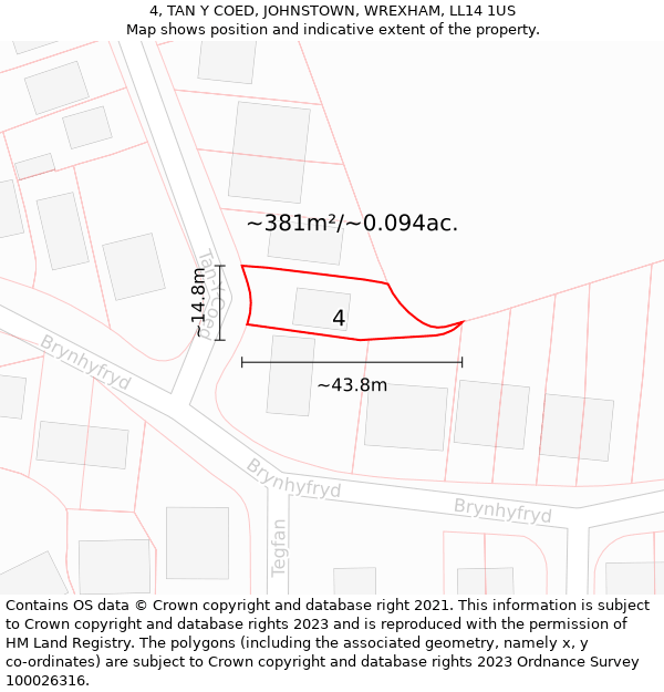 4, TAN Y COED, JOHNSTOWN, WREXHAM, LL14 1US: Plot and title map