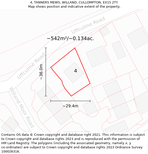 4, TANNERS MEWS, WILLAND, CULLOMPTON, EX15 2TY: Plot and title map