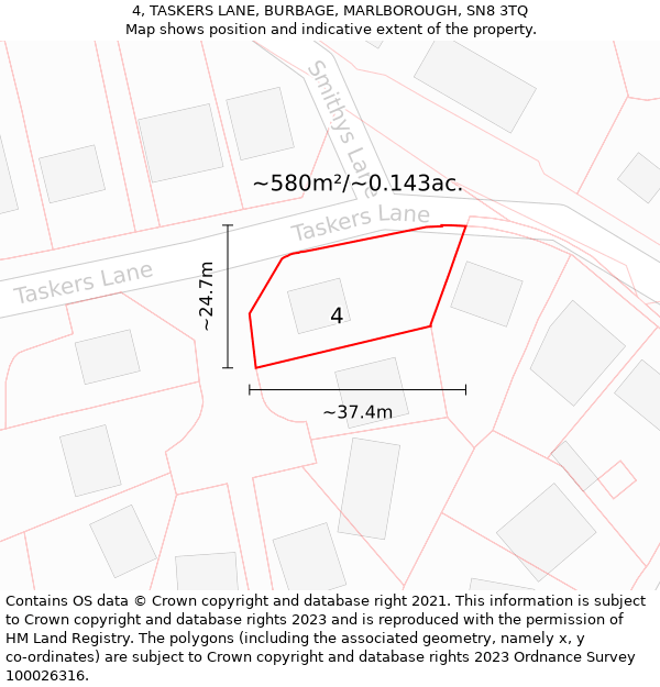 4, TASKERS LANE, BURBAGE, MARLBOROUGH, SN8 3TQ: Plot and title map