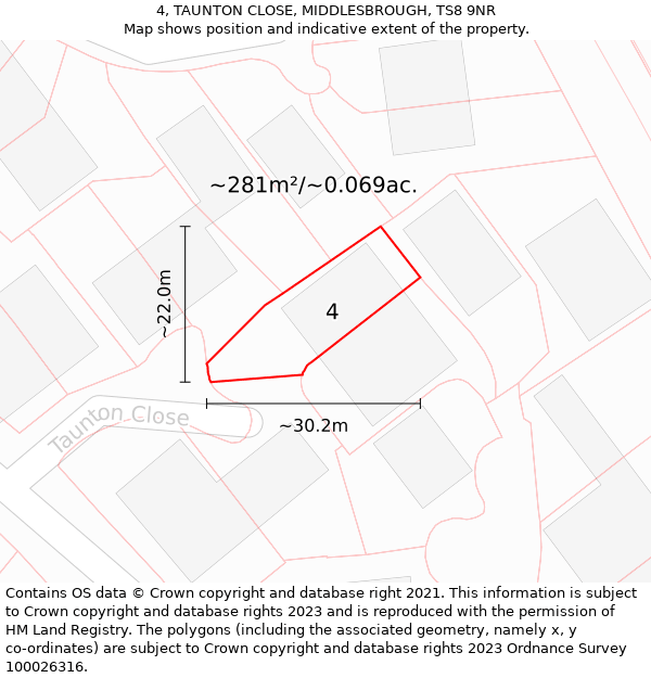 4, TAUNTON CLOSE, MIDDLESBROUGH, TS8 9NR: Plot and title map