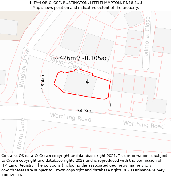 4, TAYLOR CLOSE, RUSTINGTON, LITTLEHAMPTON, BN16 3UU: Plot and title map