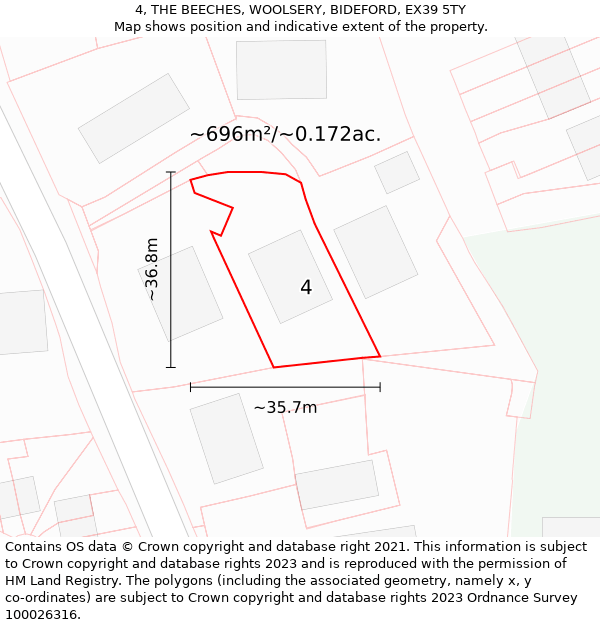 4, THE BEECHES, WOOLSERY, BIDEFORD, EX39 5TY: Plot and title map