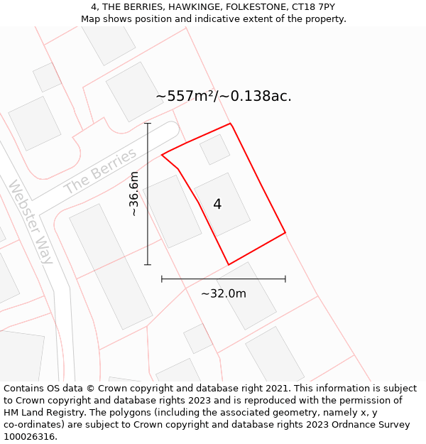 4, THE BERRIES, HAWKINGE, FOLKESTONE, CT18 7PY: Plot and title map