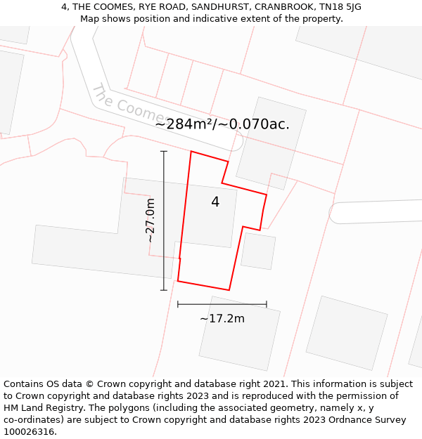 4, THE COOMES, RYE ROAD, SANDHURST, CRANBROOK, TN18 5JG: Plot and title map