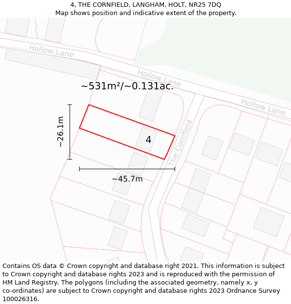 4, THE CORNFIELD, LANGHAM, HOLT, NR25 7DQ: Plot and title map