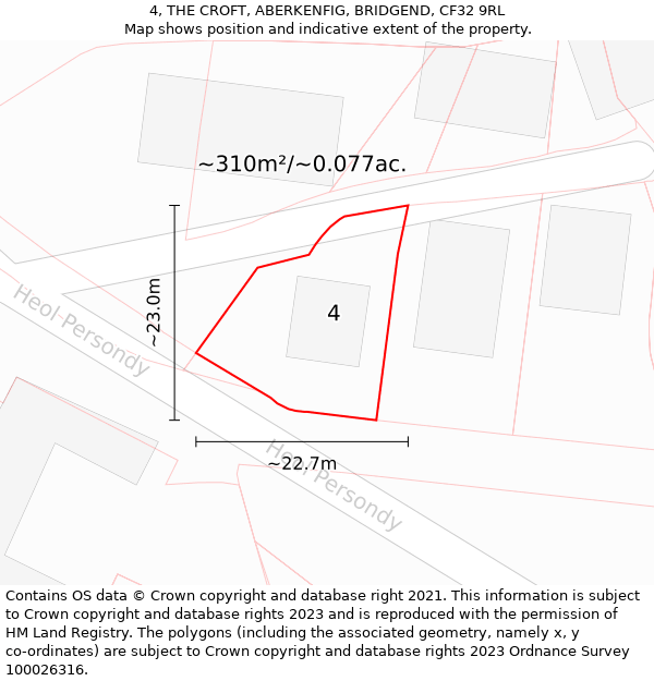 4, THE CROFT, ABERKENFIG, BRIDGEND, CF32 9RL: Plot and title map