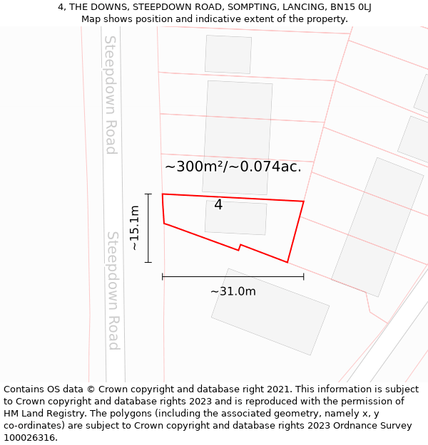 4, THE DOWNS, STEEPDOWN ROAD, SOMPTING, LANCING, BN15 0LJ: Plot and title map