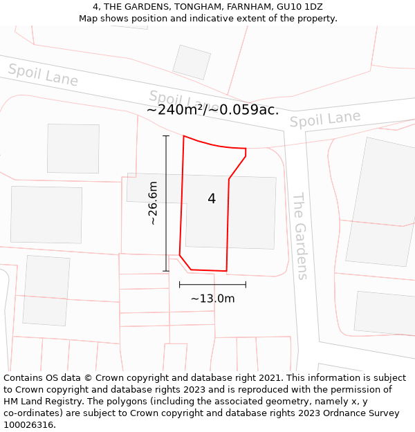 4, THE GARDENS, TONGHAM, FARNHAM, GU10 1DZ: Plot and title map