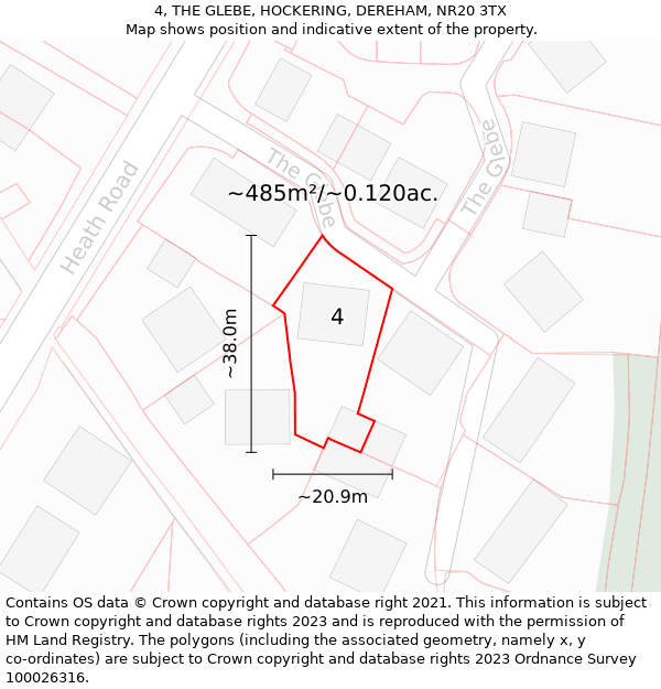 4, THE GLEBE, HOCKERING, DEREHAM, NR20 3TX: Plot and title map