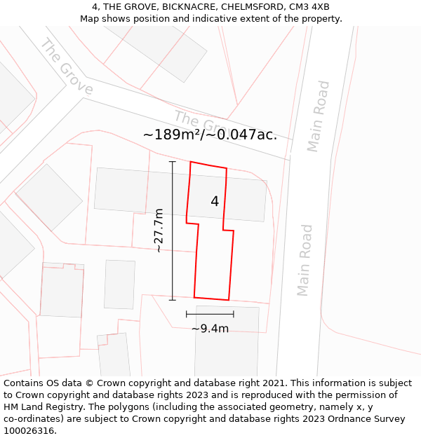 4, THE GROVE, BICKNACRE, CHELMSFORD, CM3 4XB: Plot and title map