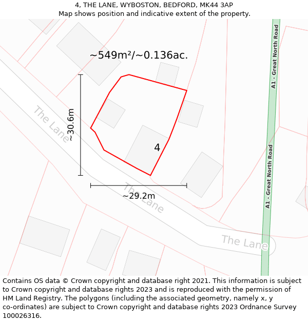 4, THE LANE, WYBOSTON, BEDFORD, MK44 3AP: Plot and title map